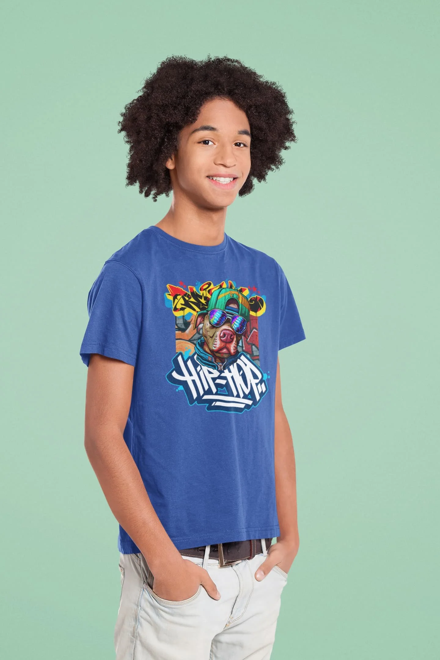 True Royal blue Hip Hop Bulldog t-shirt mockup featuring a teenage boy with hands in his pockets @jellybzz.com
