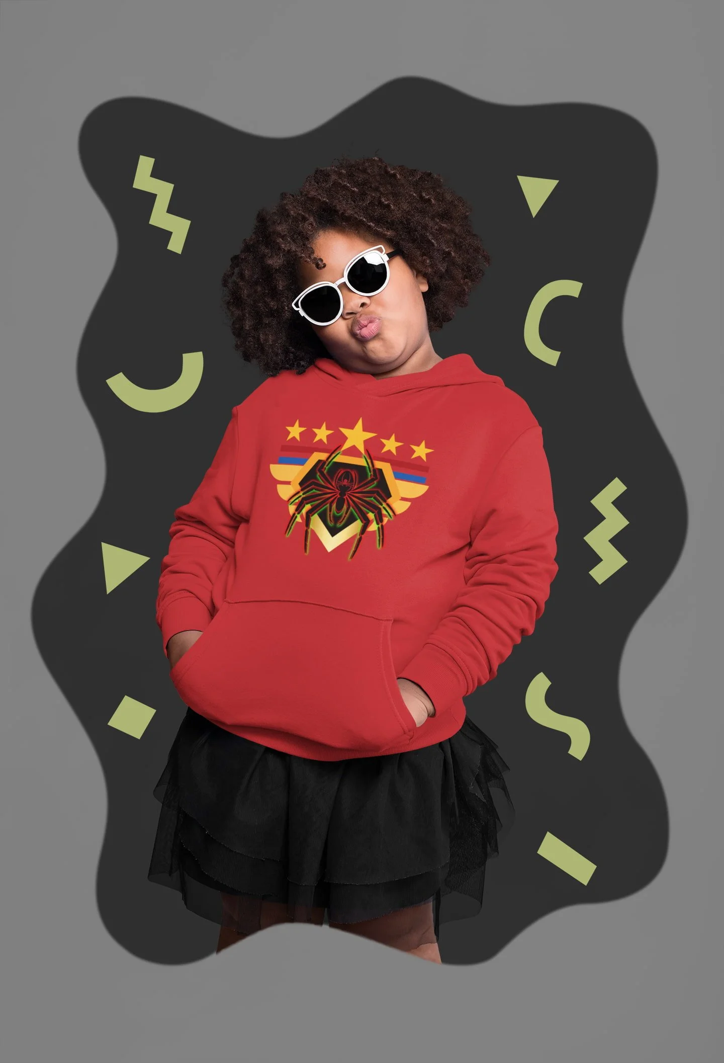 Red Spider plus size pullover hoodie mockup of a girl with sunglasses making a duckface @jellybzz.com