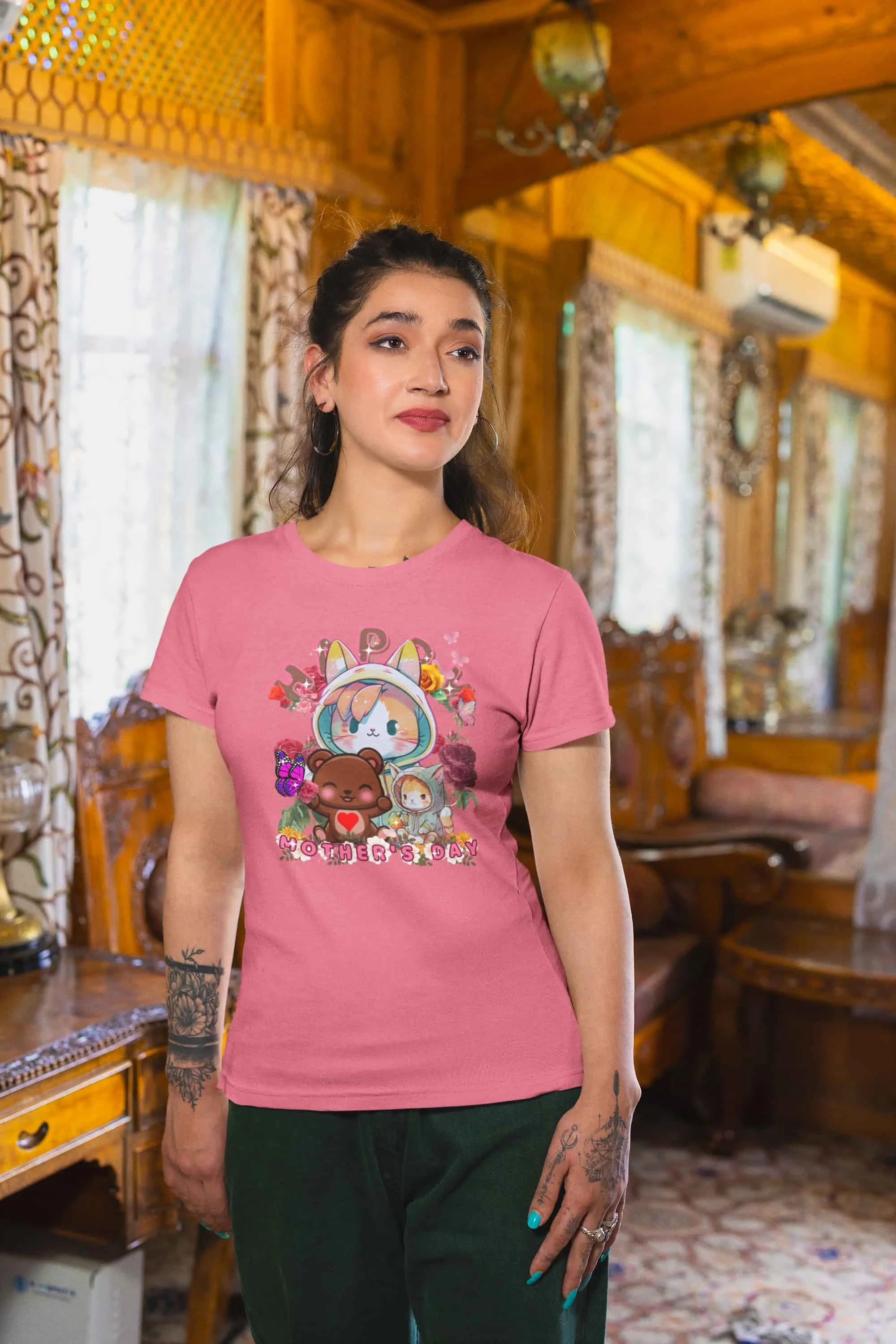 Charity Pink Happy Mother's Day t-shirt mockup featuring a woman posing in a rustic living room @ Jellybzz.com