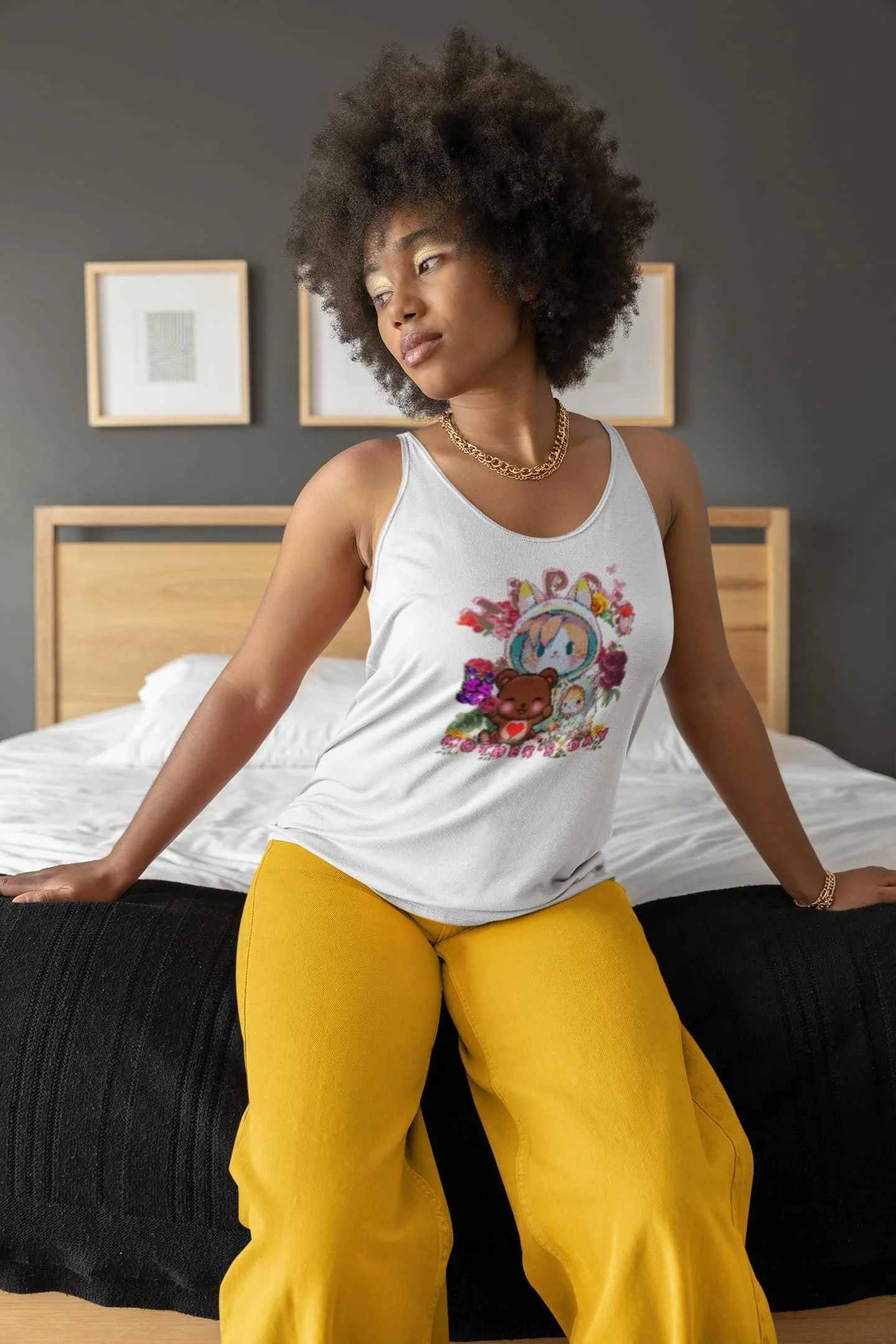 White happy mother's day tank top mockup of a woman sitting on her bed @jellybzz.com