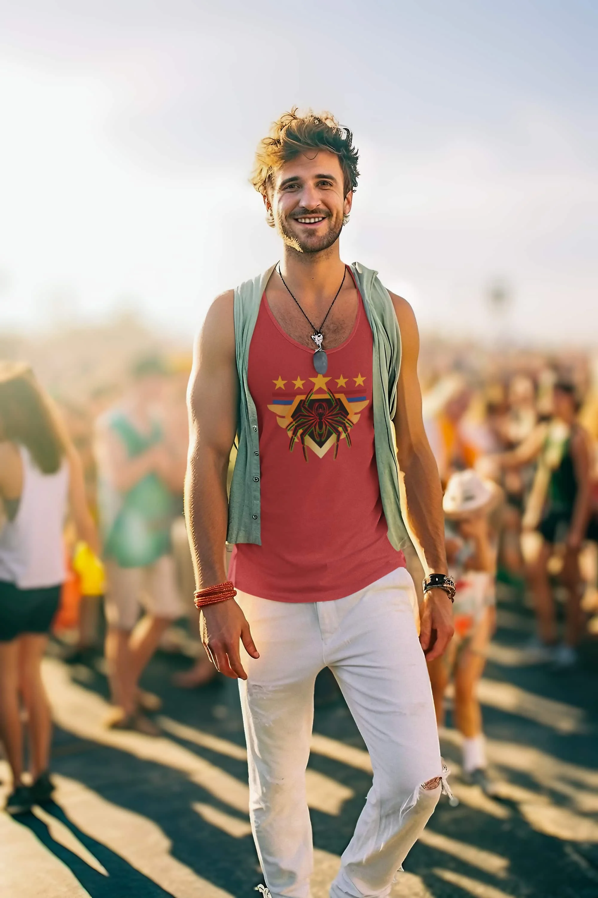 Red Spider tank top mockup featuring a man at an outdoor music festival @jellybzz.com.
