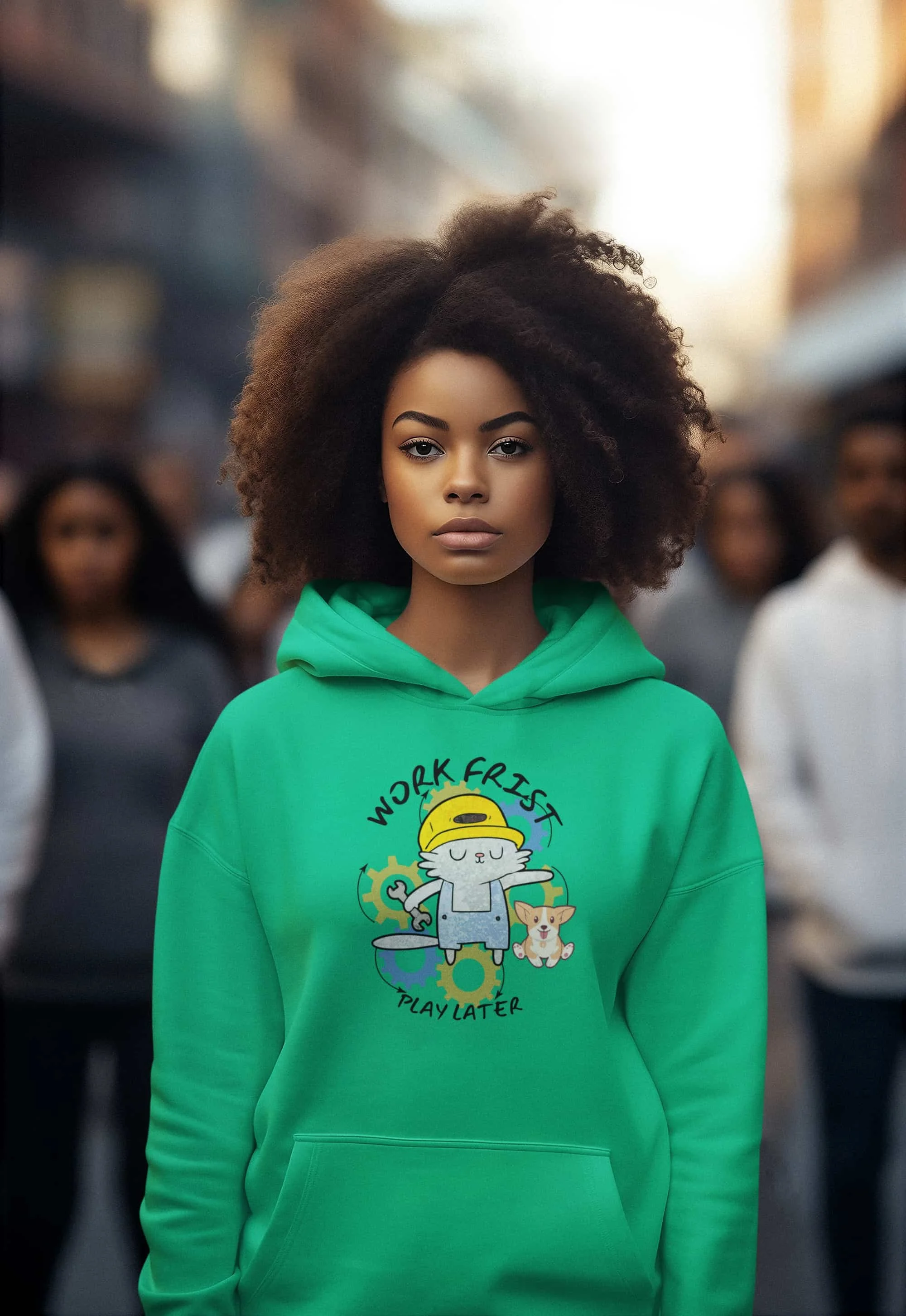 Heather Kelly work first play later pullover hoodie mockup featuring an ai generated woman at a protest @jellybzz.com