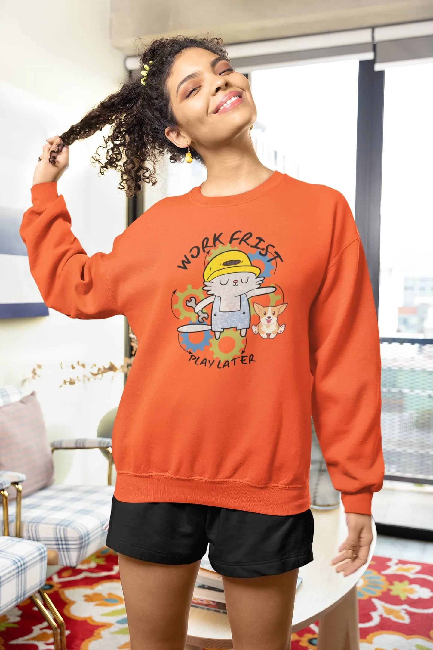 Orange work first play later sweatshirt mockup featuring a woman with curly hair @jellybzz.com