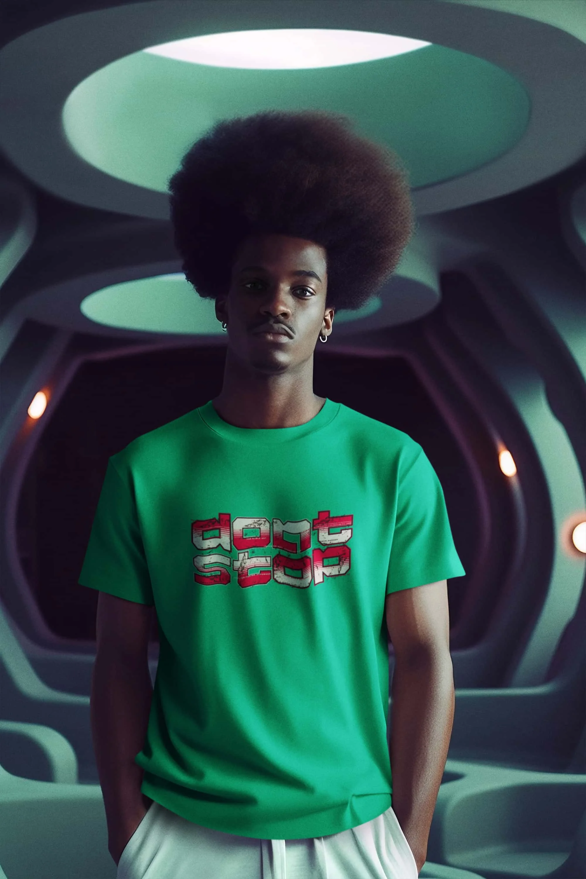 Ai generated mockup featuring a man wearing a Heather Kelly Don't Stop t-shirt in a retro aesthetic @jellybzz.com.