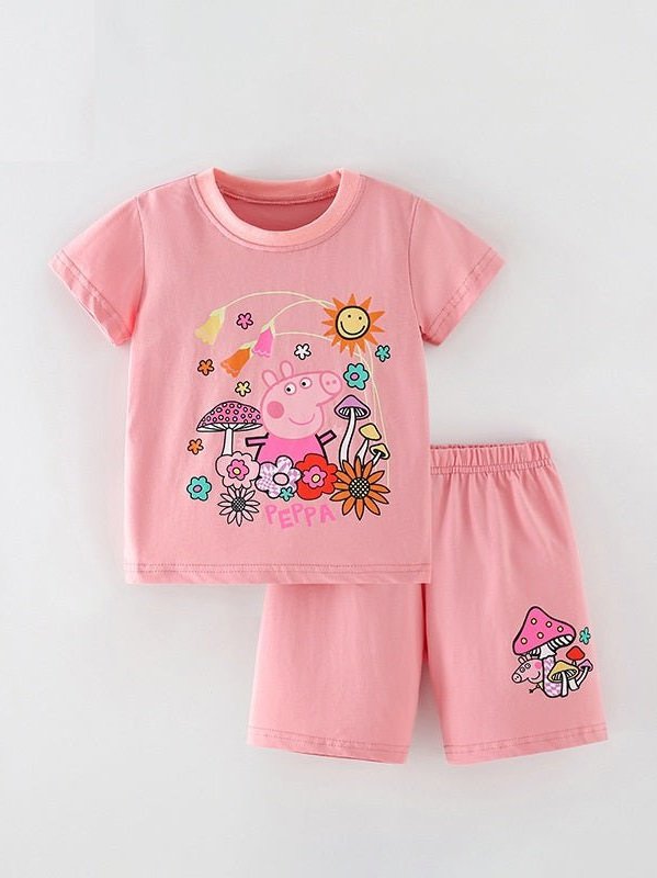 Girl's Cartoon Print T-Shirt and Shorts Set