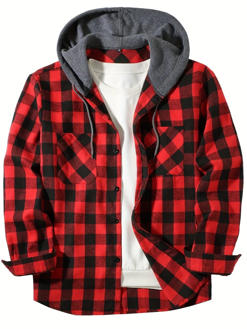 Men's Classic Plaid Hooded Button Down Shirt