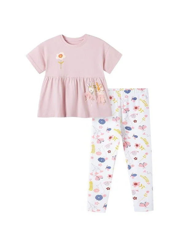 Girl's Flowers Pattern Dress Top with Pants Set