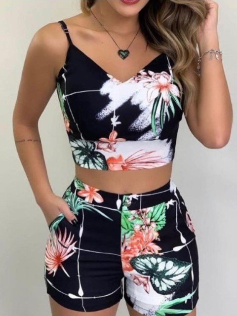 Women's Two Pieces Sleeveless Floral Suit