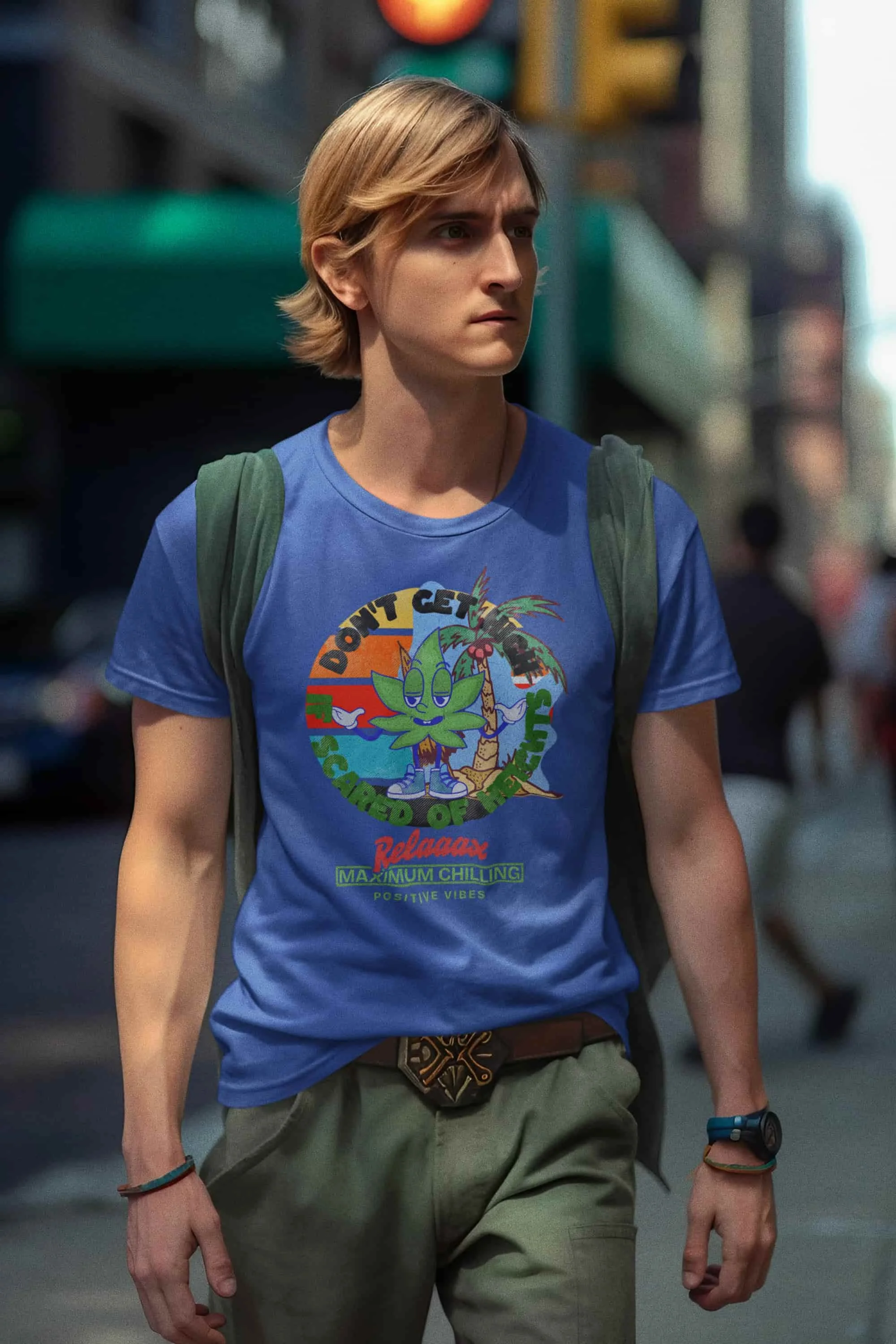 True Royal blue Don't Get High If Scared of Height t-shirt mockup featuring an ai generated man inspired by link @jellybzz.com