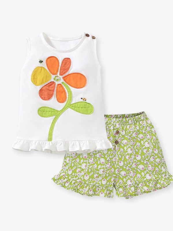 Girl's Flower Pattern Vest and Shorts Set