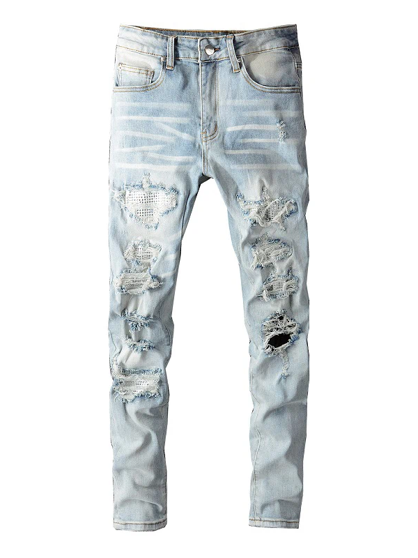 Men's Crystal Holes Ripped Patchwork Jeans
