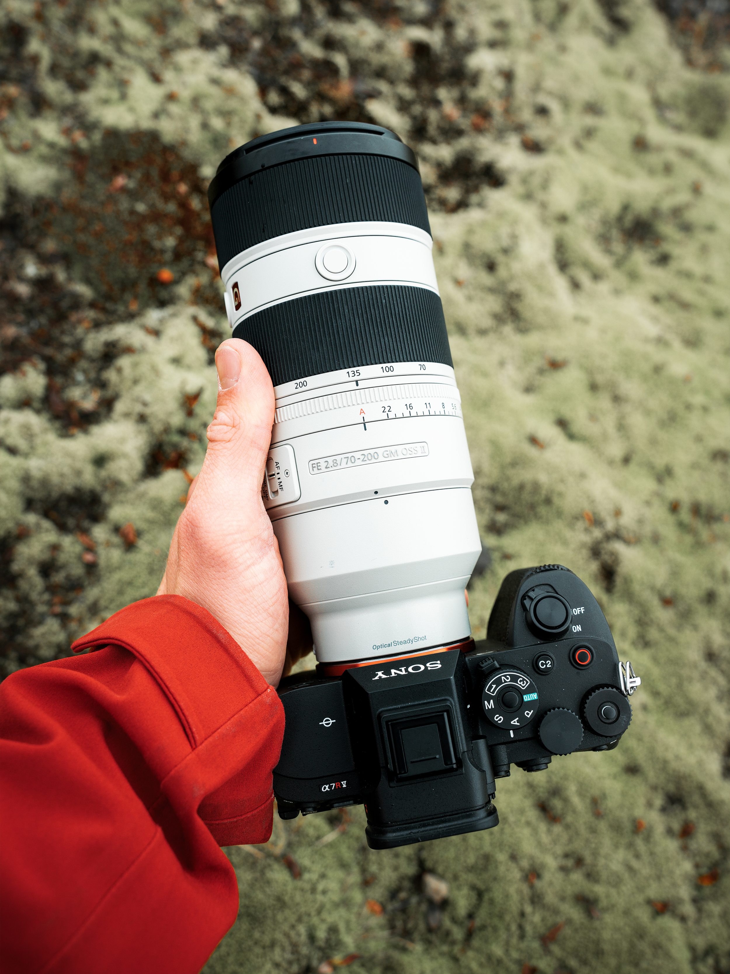 Close-up van een persoon die een professionele camera vasthoudt met een witte telelens, gekleed in een rode jas, op een bosgrond met mos en bladeren.