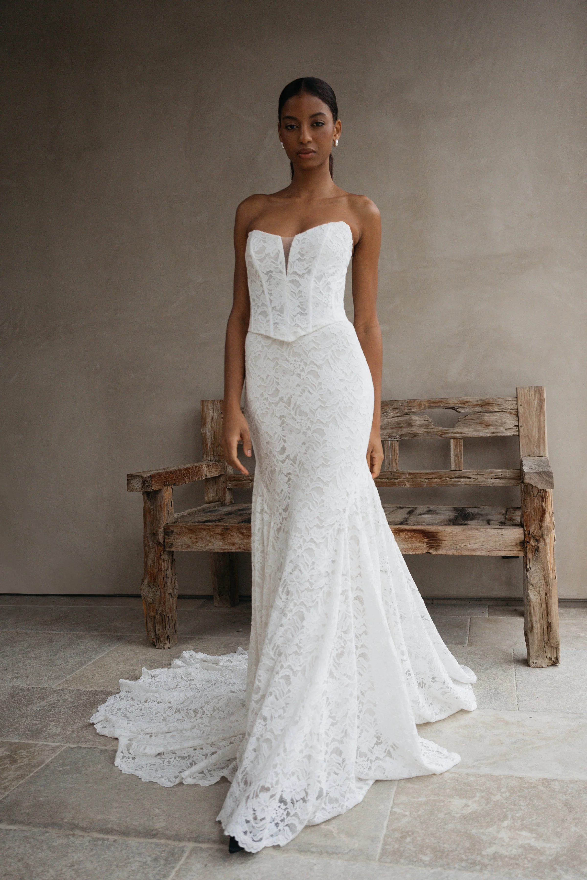 Jenny Yoo Bridal Natalie: The Natalie gown, cut in our beautifully detailed Finley lace, adds a romantic flare to an otherwise modern and sultry silhouette.