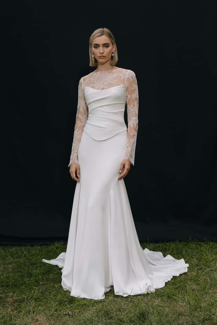 Jenny Yoo Bridal Alora Gown. Sleek, chic, timeless, the Alora gown is a show stopper. Alora is in stock at Halo and Wren.