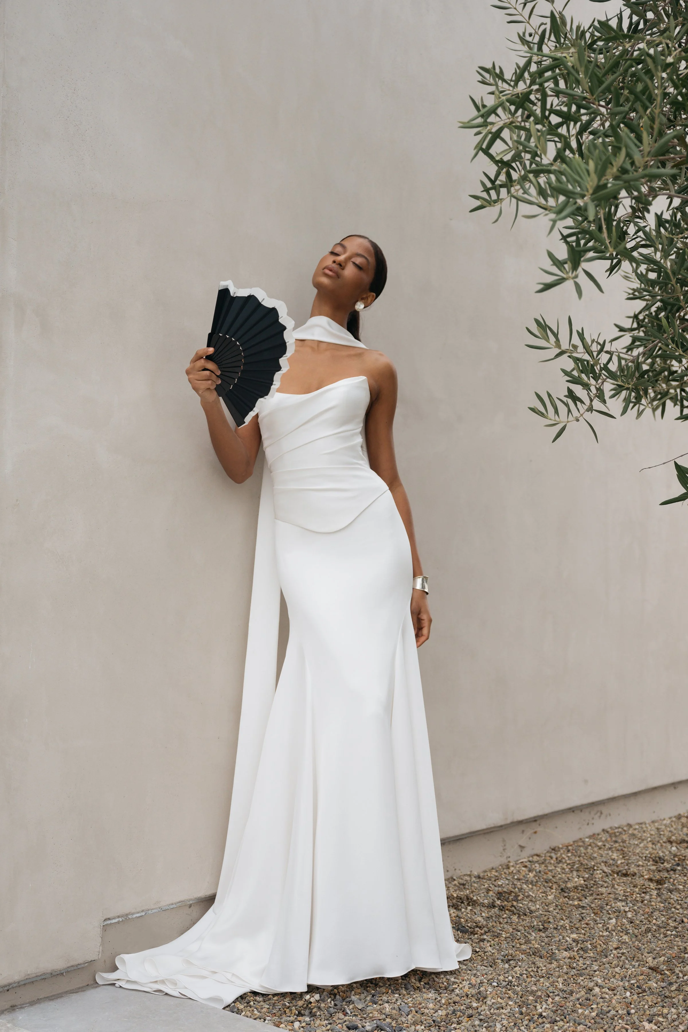 Jenny Yoo Bridal Alora Gown. Sleek, chic, timeless, the Alora gown is a show stopper. Alora is in stock at Halo and Wren.