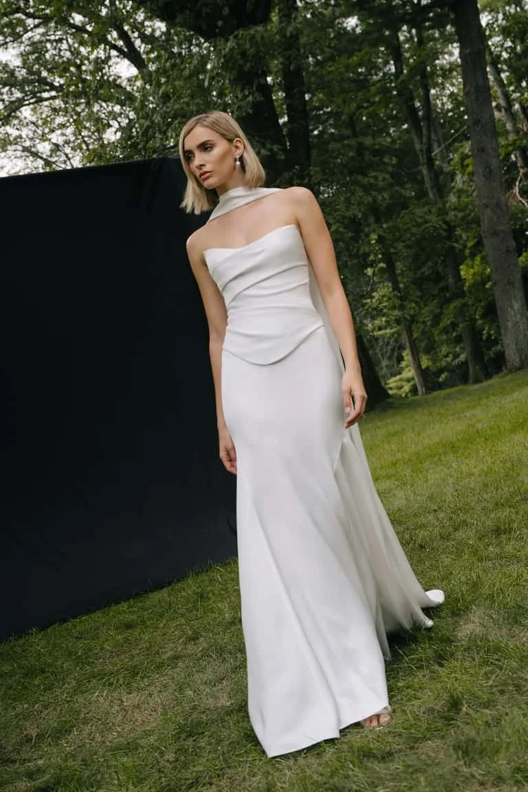 Jenny Yoo Bridal Alora Gown. Sleek, chic, timeless, the Alora gown is a show stopper. Alora is in stock at Halo and Wren.