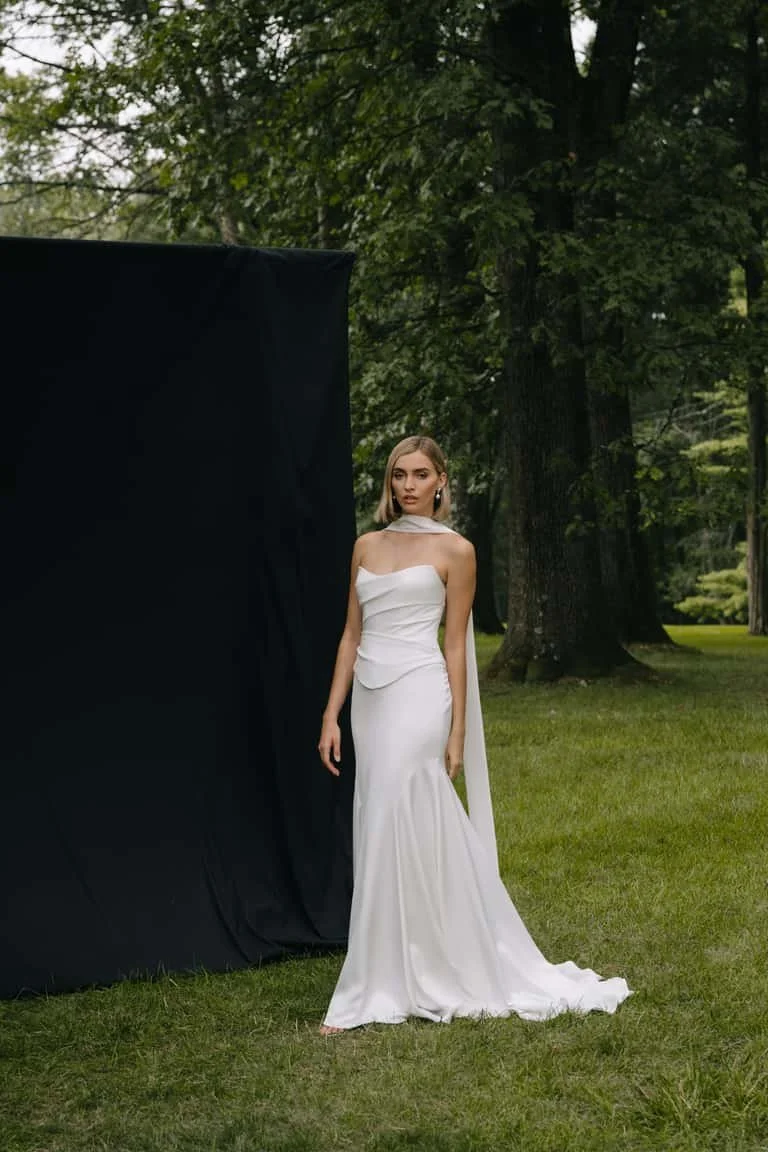 Jenny Yoo Bridal Alora Gown. Sleek, chic, timeless, the Alora gown is a show stopper. Alora is in stock at Halo and Wren.