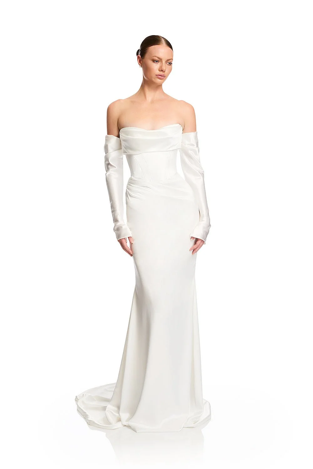 If minimal mastery is on the menu, feast your eyes on KYHA Bride Salacea. A draped, scooped neck corset meets a draped, fit and flare skirt. Relaxed detachable sleeves not only bring an effortless to Salacea, but also a second look. Crafted from slee