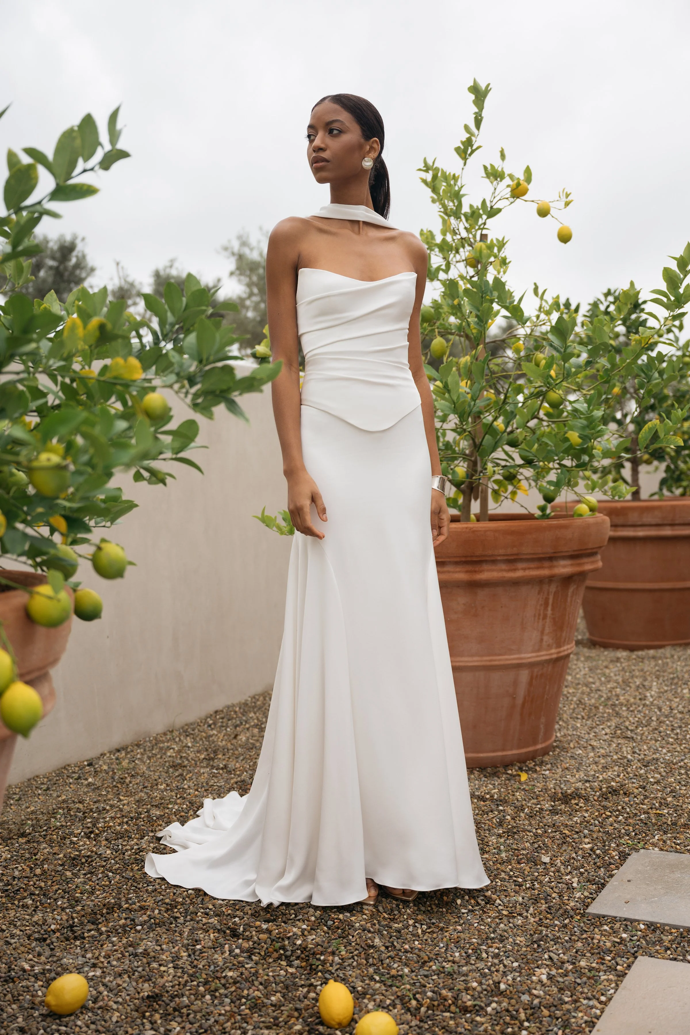 Jenny Yoo Bridal Alora Gown. Sleek, chic, timeless, the Alora gown is a show stopper. Alora is in stock at Halo and Wren.