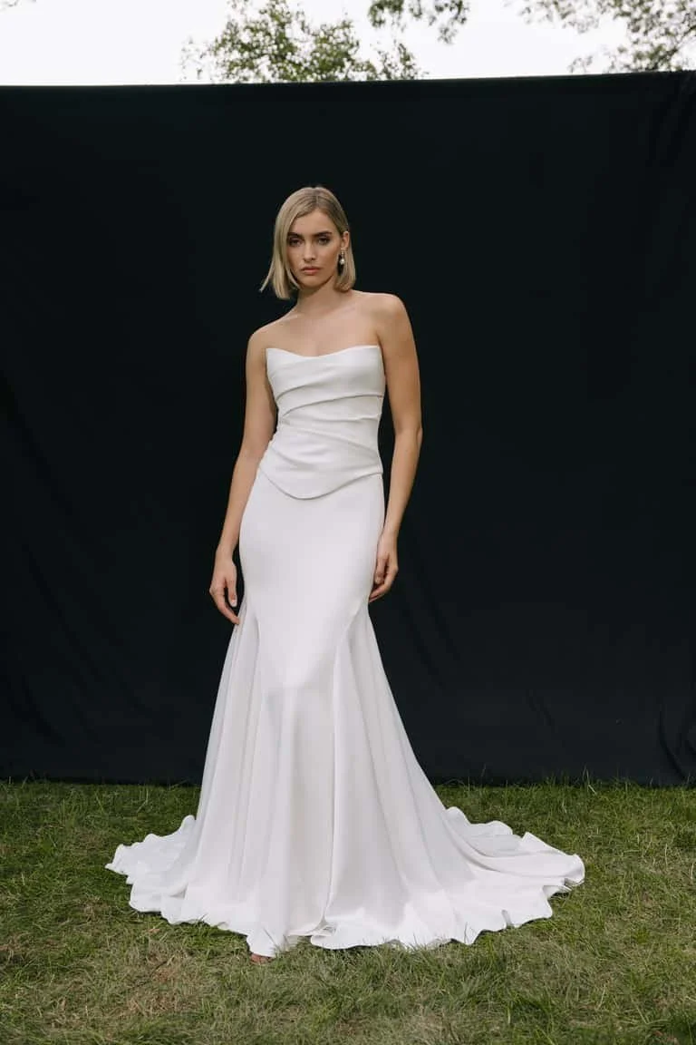 Jenny Yoo Bridal Alora Gown. Sleek, chic, timeless, the Alora gown is a show stopper. Alora is in stock at Halo and Wren.