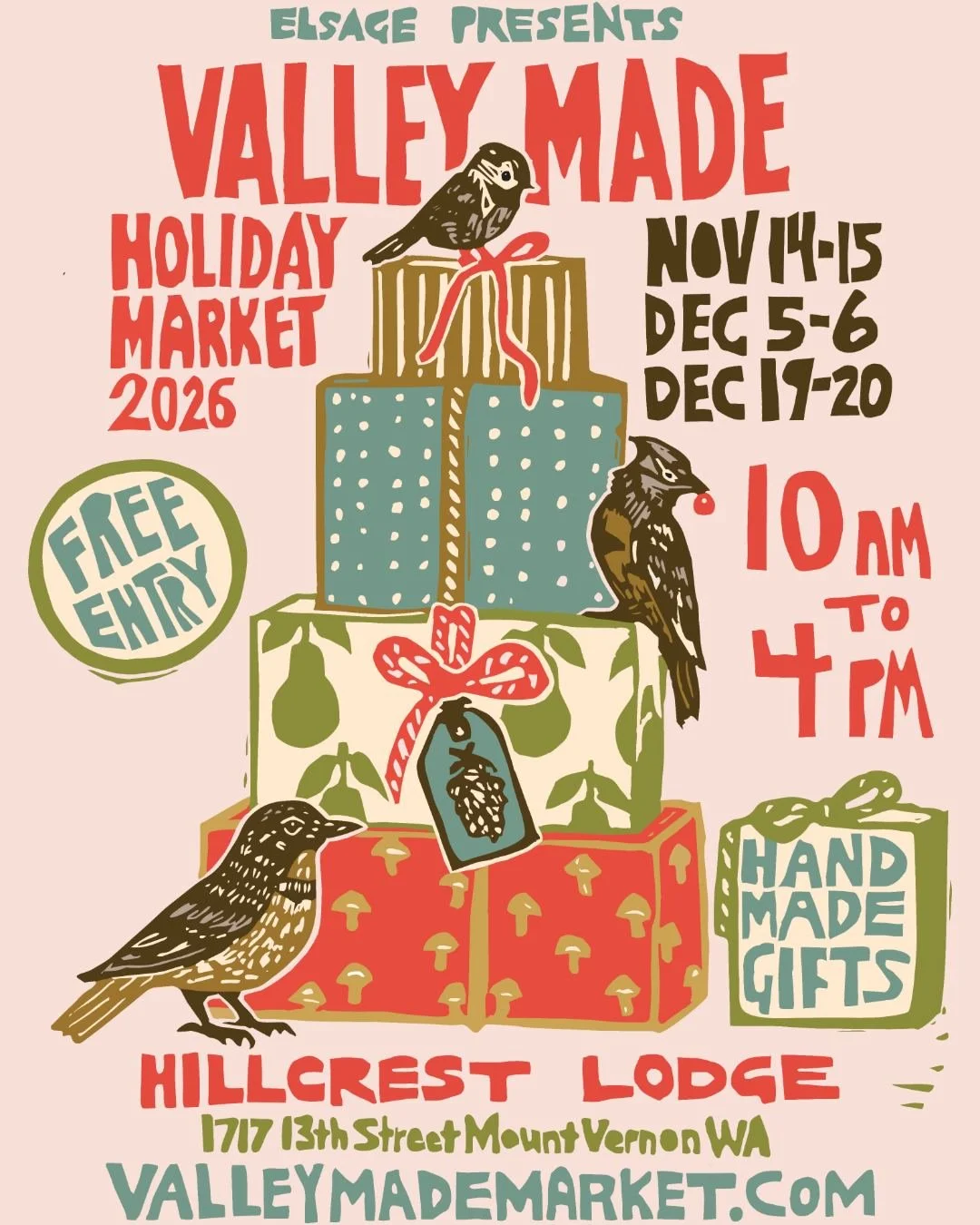Introducing our 2026 Holiday Market poster design! Share with your friends and save the dates for our three upcoming shopping weekends: Nov 14-15, Dec 5-6, and Dec 19-20 all located at Hillcrest Lodge. This year we've got three unique vendor lineups 