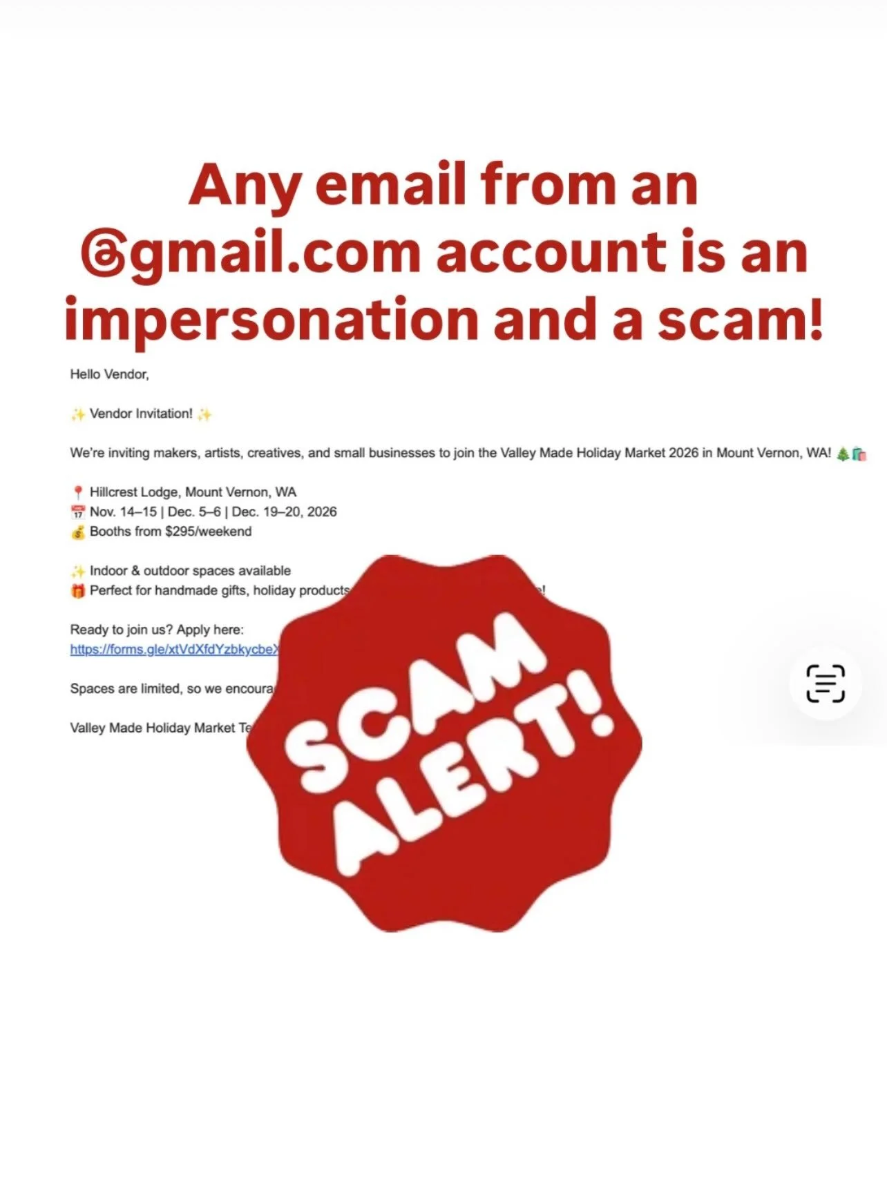 Scam alert! Someone is impersonating Valley Made Market. If you receive an email from valleymademarket@gmail.com or valleymadeholidaymarket@gmail.com (or any @gmail.com) it is not us!

We only use the email hello@valleymademarket.com, we only bill th