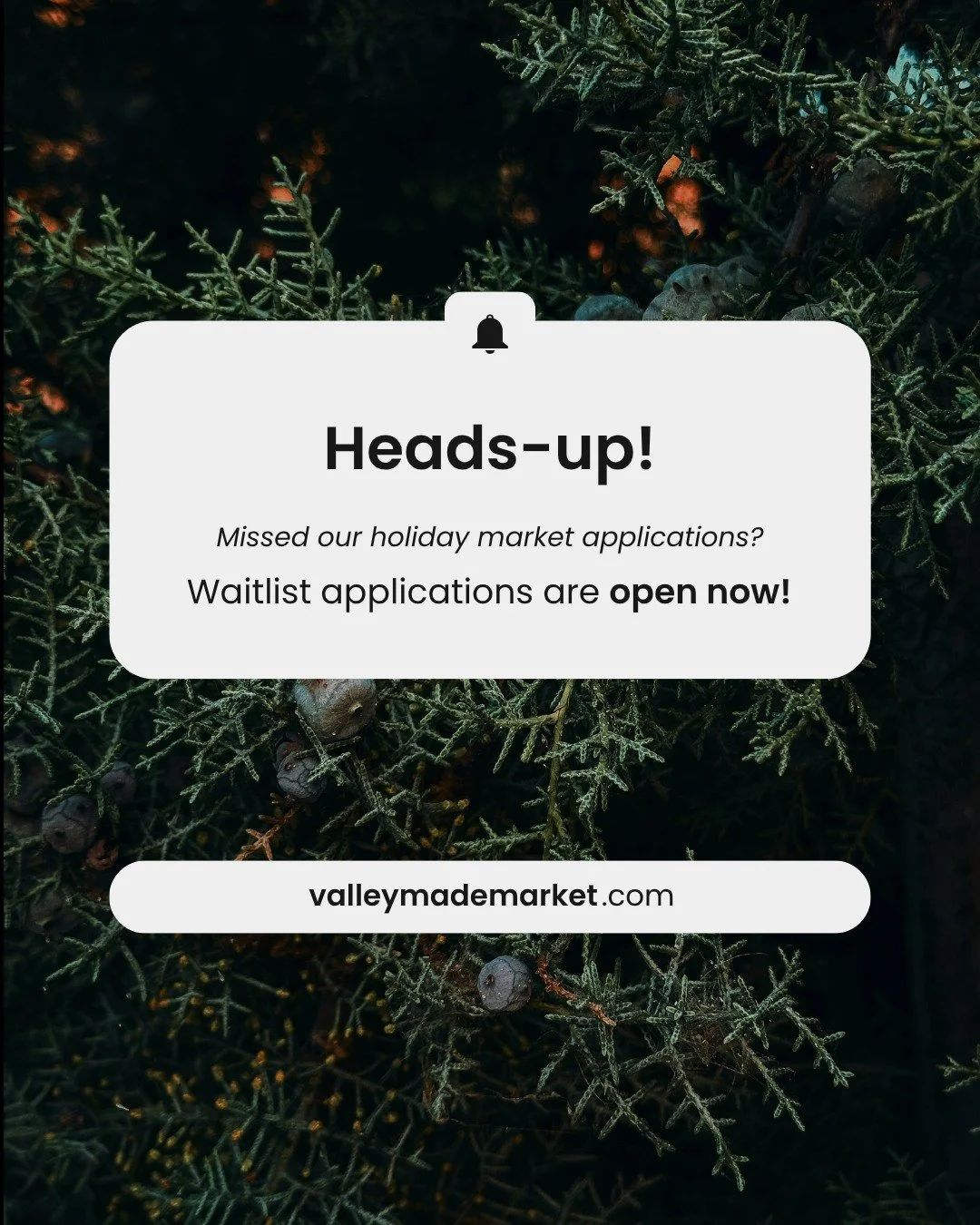 Waitlist applications for all three of our holiday market weekends are open now!
🔔 Applicants will only be contacted if a spot opens up.
🔔 Already applied back in August? No need to reapply, just email us with any updates to your existing applicati