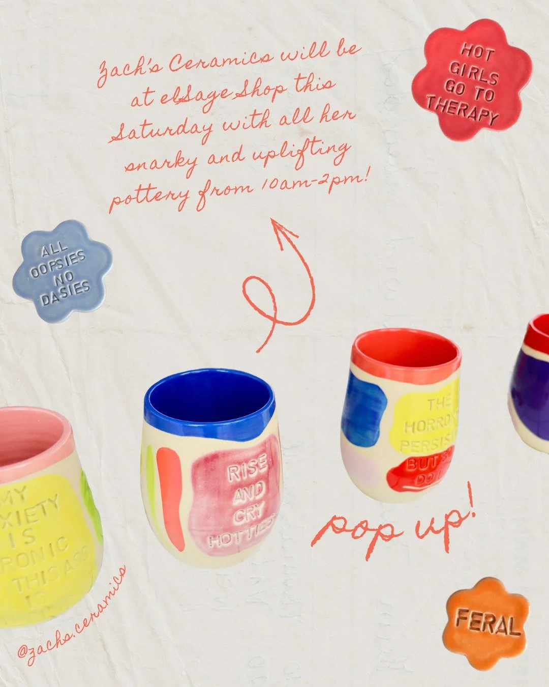 Maker pop-up event!🌈✨
This Saturday, catch Emily from @zachs.ceramics at @elsageshop from 10am-2pm! Emily will be bringing her colorful collection of pottery with phrases that range from sassy + sarcastic to sweet + sincere. Stop by, meet the maker,