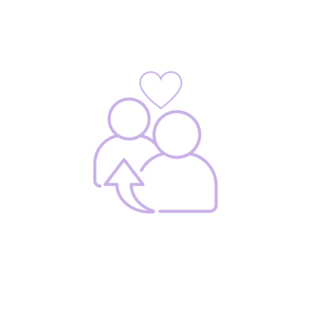 Line drawing of two people, one slightly behind the other, with a heart above them and an arrow pointing toward the one in front, symbolizing love or relationship.