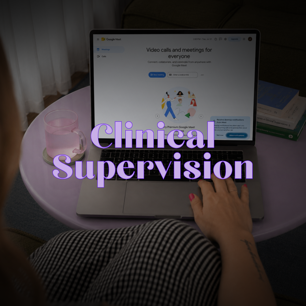 A person using a laptop on a round pink table, with a glass of water nearby, and books stacked in the background. The laptop screen displays Google Meet with the text 'Video calls and meetings for everyone.' The overlay text says 'Clinical Supervision' in purple.