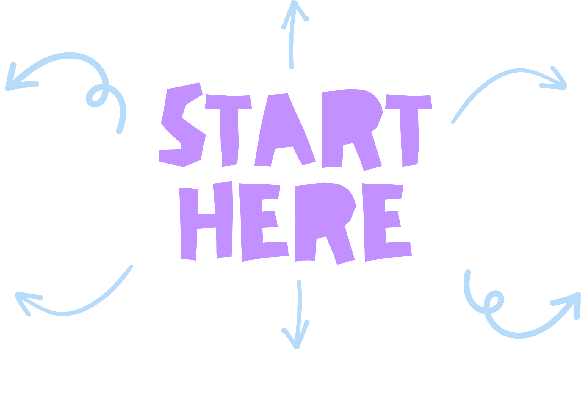 Colorful hand-drawn text says "START HERE" in purple with arrow illustrations pointing outward in all directions.