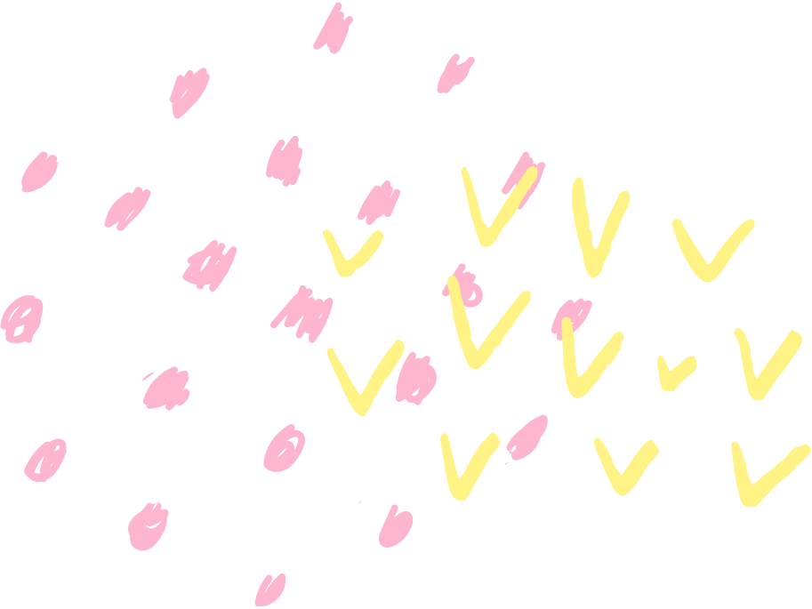 Hand-drawn pink hearts and yellow check marks scattered on a black background.