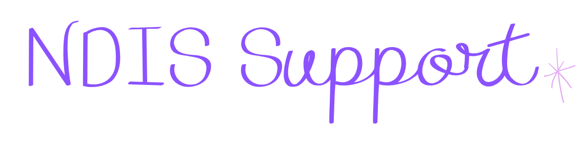 Text graphic that says 'NDIS Support' in purple, with a small starburst design next to the word support.