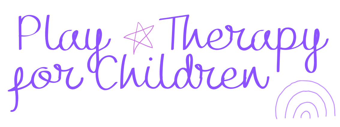 Purple hand-lettered text reading 'Play Therapy for Children' with a star and rainbow illustrations.
