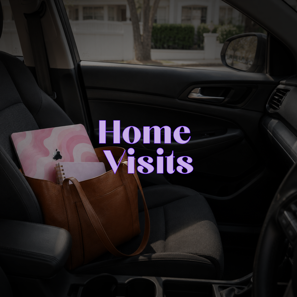 Inside a parked car with a brown bag containing a laptop, notebook, and tablet on the front passenger seat. The car is on a residential street. The text 'Home Visits' is overlaid on the image in purple.
