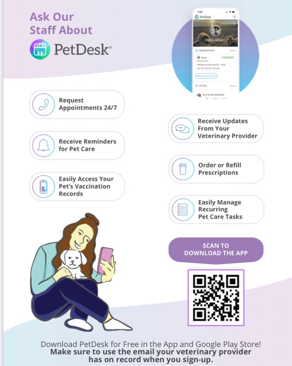 We have transitioned to a new mobile app for you and your animal companions. It helps manage their lives so you don&rsquo;t have to! 
Plus:  Request Appointments 24/7, Medication refills made easy and two-way texting with your pet&rsquo;s healthcare 