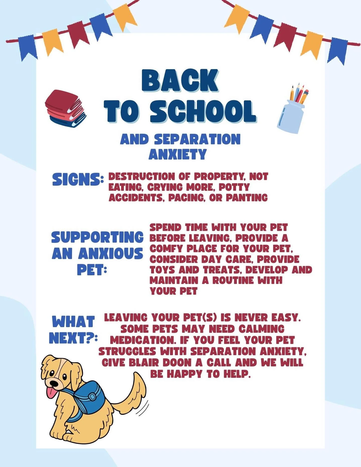 📚✏️ As the kids head back to school, some pets may feel the change more than we realize. 🐾

Signs of separation anxiety can include destruction, vocalizing, accidents, or changes in eating. If your furry friend is struggling with the quiet house, w