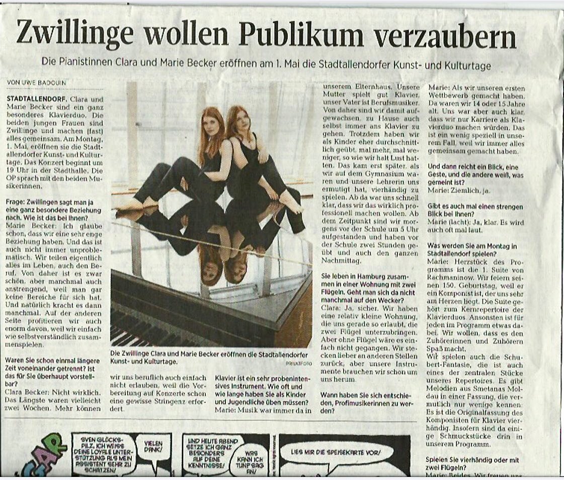 Hope to see you tomorrow in Stadtallendorf! Here an interview on the occasion of tomorrow&rsquo;s recital 😊🎶 enjoy your Sunday! Hopefully it is as sunny as in Hamburg this weekend ☀️ #concert #twopianos #classicalmusic #steinway #pianoduo #pianists