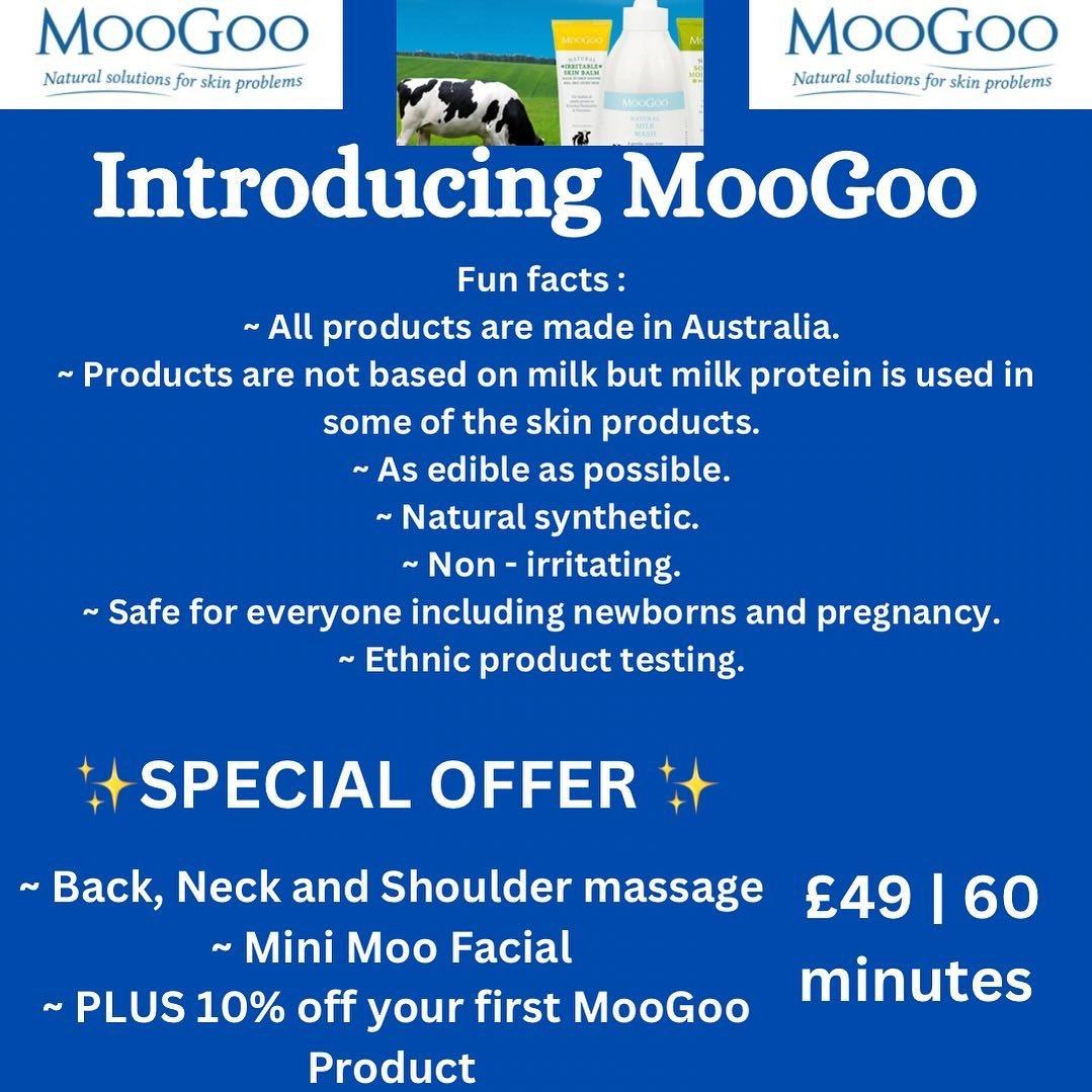 ✨ I N T R O D U C I N G 
M O O G O O ✨

Special offer ~ &pound;49 | 60 minutes 

Enjoy a Back Neck and Shoulder massage, combined with a Mini Moo Facial 
PLUS &hellip;.. 
10% off your first MooGoo product 💕

So do you need a treat or maybe it&rsquo;