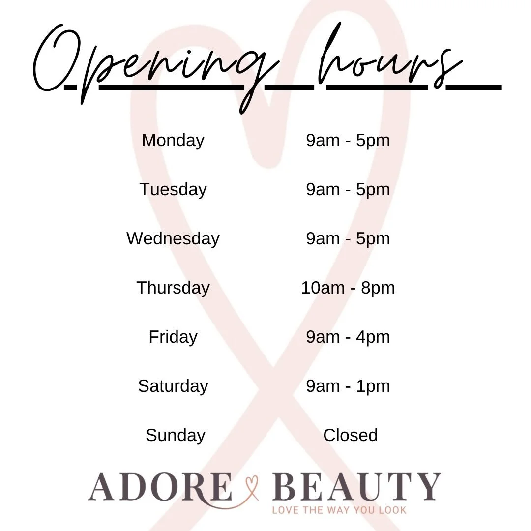 OPENING HOURS ✨

Bookings can be made online ~ 👩&zwj;💻adore-beauty.co.uk 
OR contact us during our opening times ~ 
📞 01872 303448 
📧 abi@adore-beauty.co.uk

🧡

#smallbusinessowner #hairandbeautysalon