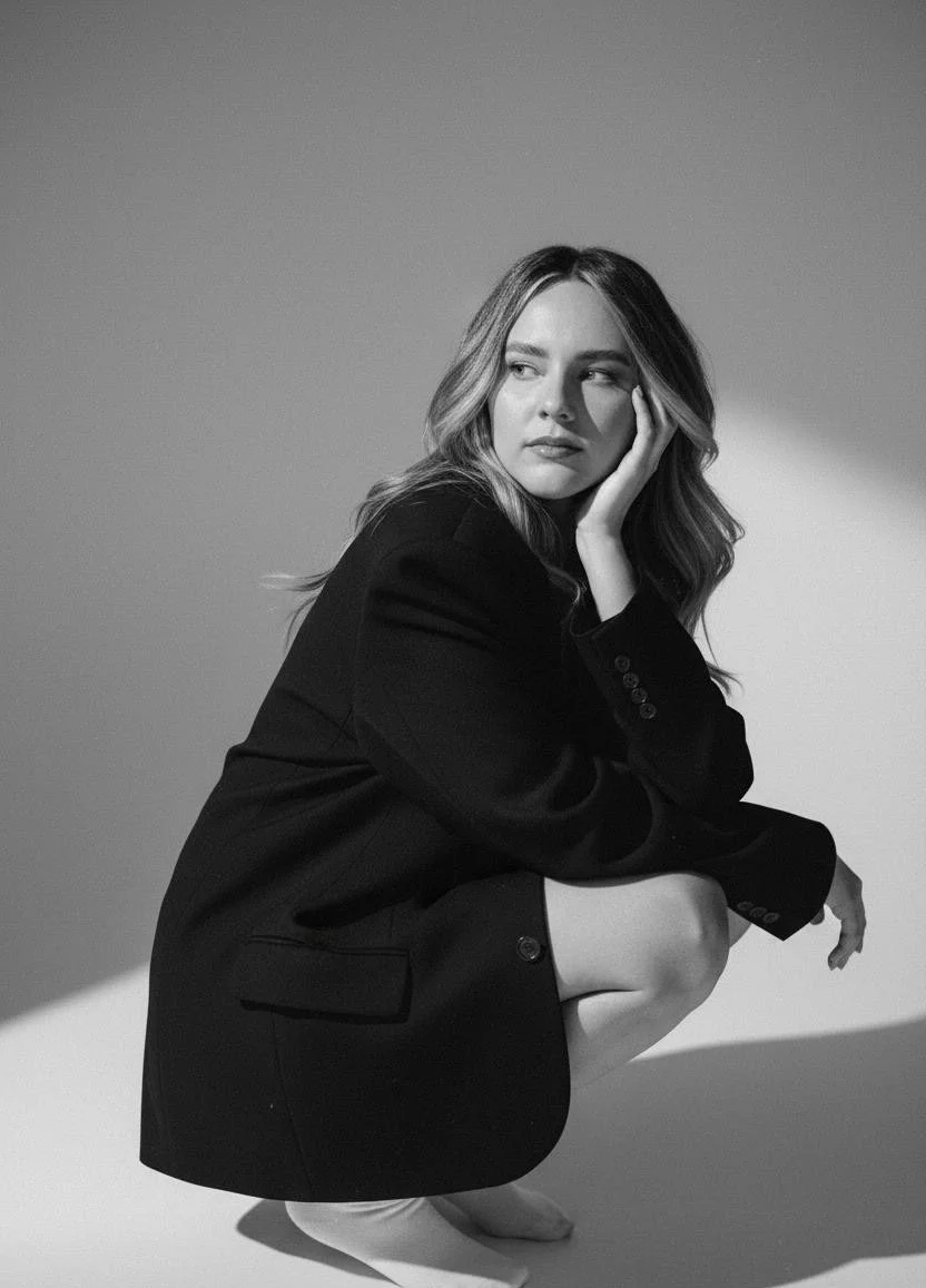 A woman with wavy hair crouching, dressed in a black blazer, looking thoughtfully to the side, in a studio setting with a plain background.
