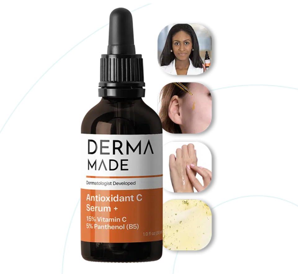 A skincare product named DermaMade Antioxidant C Serum + with 15% Vitamin C and 5% Panthenol (B5) in a dark brown bottle. The image shows a woman with clear skin holding a dropper bottle, a close-up of an ear with a skincare treatment, and a hand applying the serum. The serum appears to be a yellowish liquid with tiny particles.