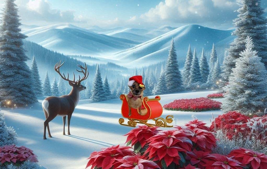 Bobo riding a sleigh with reindeer watching on cover of Bobo Gazette Newsletter