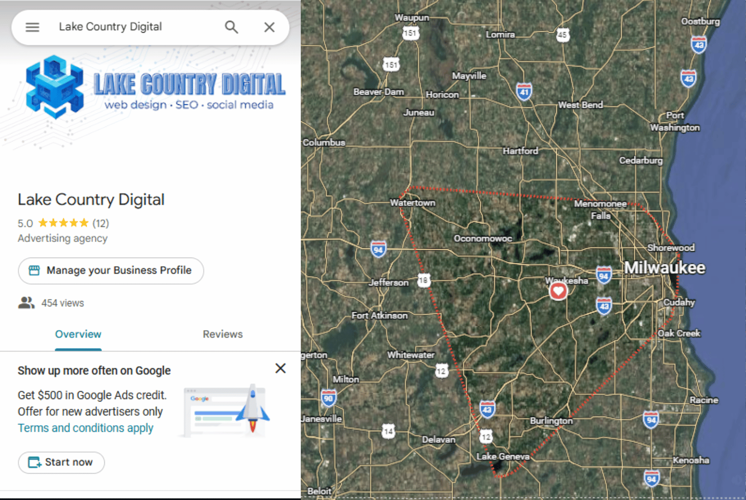 Lake Country Digital Google Business Profile service area map of southeastern Wisconsin