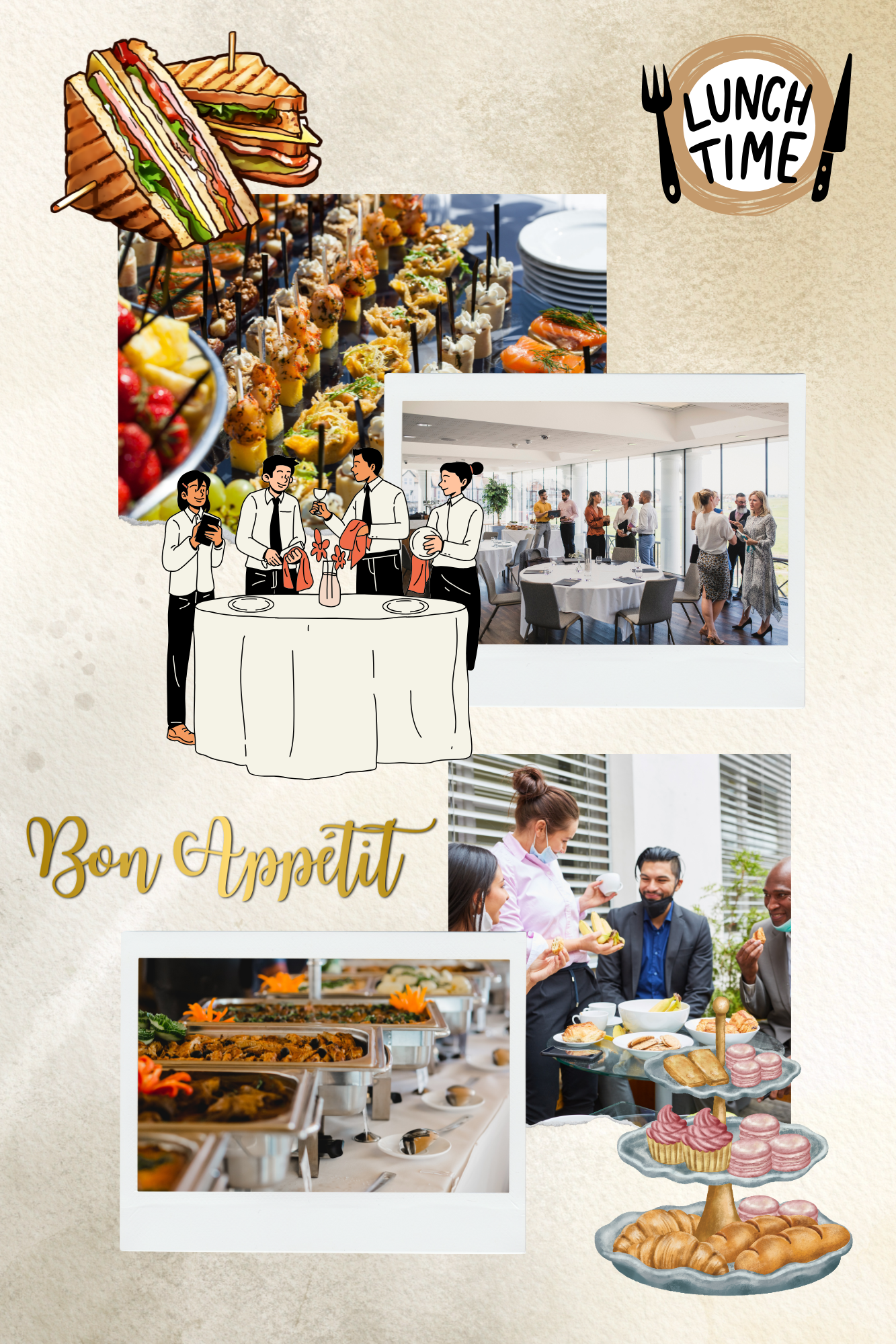 Collage of lunch and catering scenes with sandwiches, skewers, buffet, and people socializing.