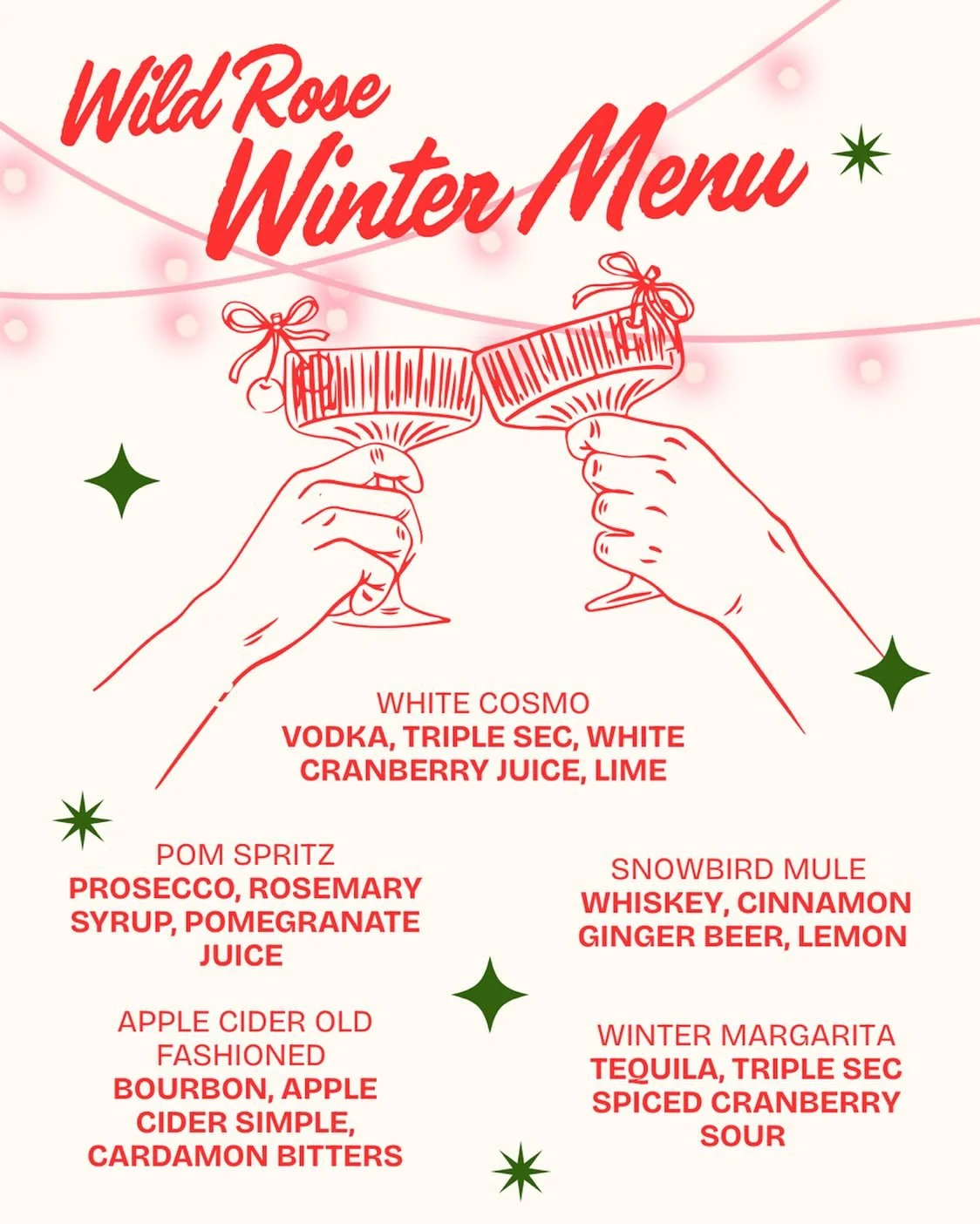 ❄️Winter Menu drop ✨
We're officially in holiday mode and that means it's time for cozy craft cocktails and mocktails. Whether you want premium mixers delivered or a full mobile bar experience, Wild Rose has you covered. 
☕What are you ordering?