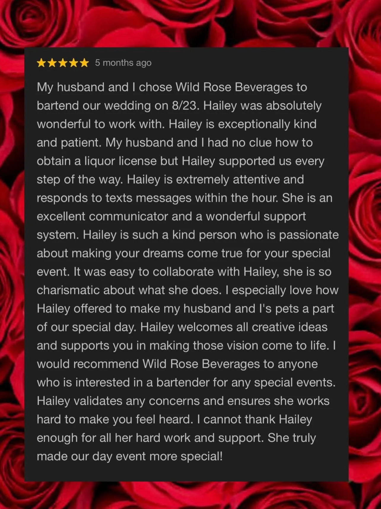 Five star reviews are my version of Valentines! I love to hear clients heartfelt endorsements, they are the best gifts 💕
Knowing that we're delivering exceptional service and memorable drinks is what it's all about! 
Whats been your favorite drink f