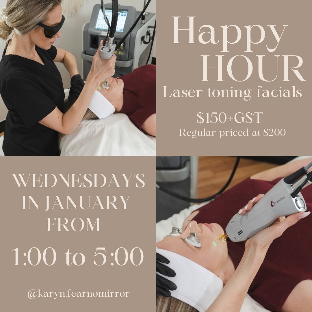 Happy hour Wednesdays for January 🥂
$150 laser facial from 1:00pm to 5:00pm. Pre book your appointments before the spots are gone! 
.
.
.
.
.
#laser #beauty #skincare #laserhairremoval #skin #acne #hairremoval #facial #antiaging #skinrejuvenation #m