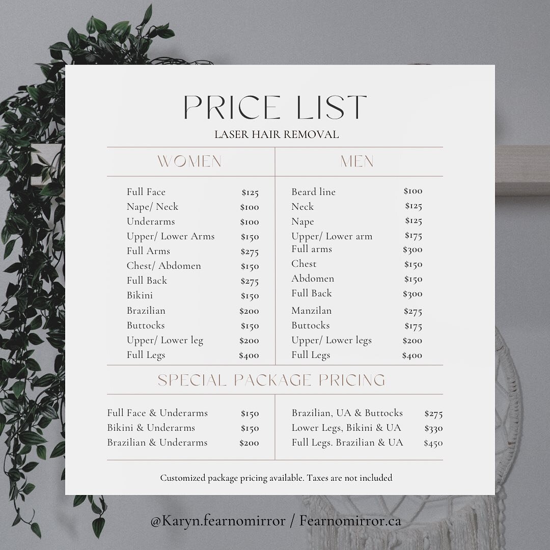 📃 Laser Hair Removal Price List 
Customized package pricing is available upon request. 
Using the GentleMax Pro by Candela Medical 
.
.
.
.
#laserhairremoval #discoverlangleycity 
#medispa