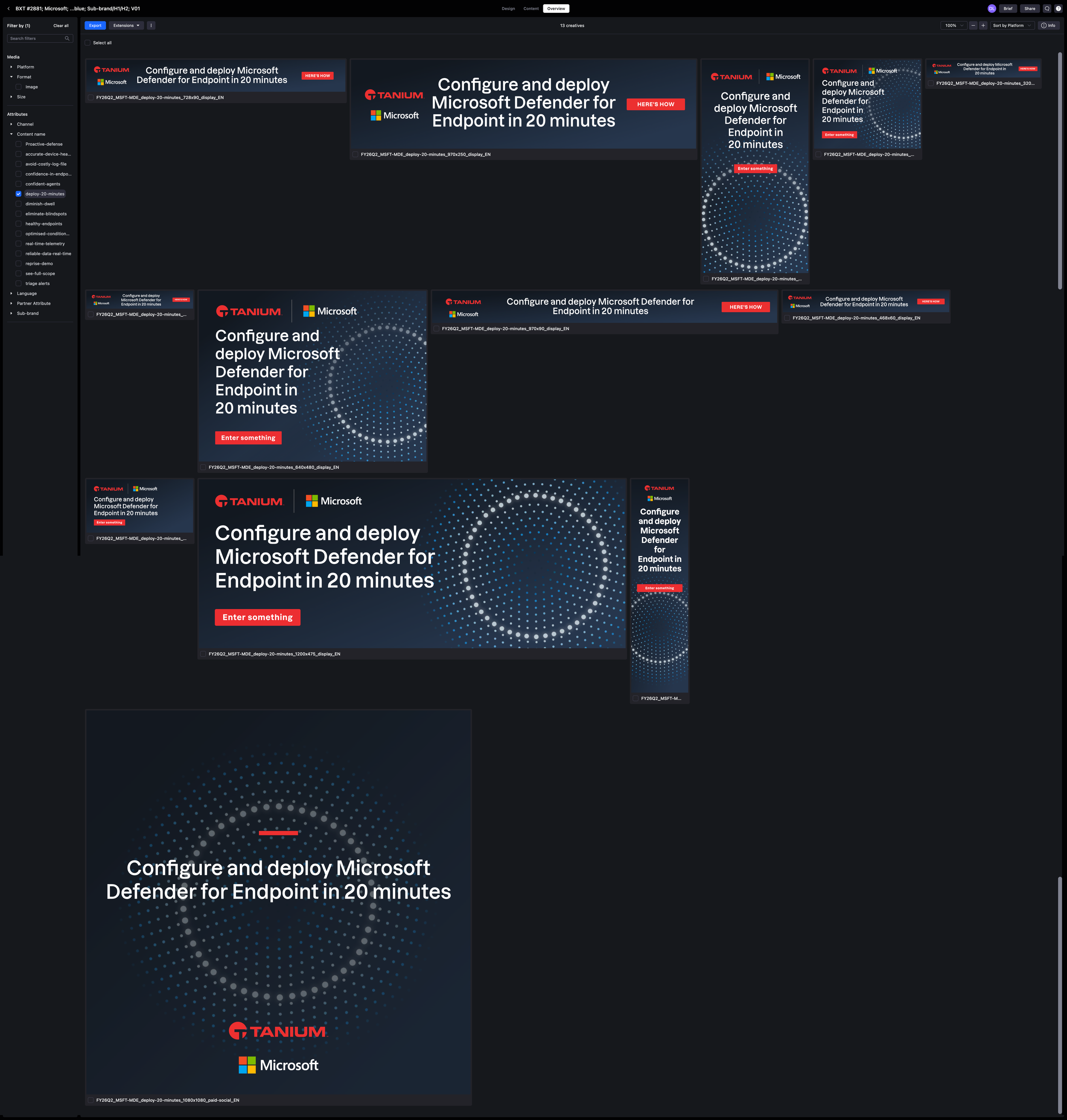 Multiple digital advertisement banners promoting Tanium and Microsoft for configuring and deploying Microsoft Defender for Endpoint in 20 minutes, with some tags like "Here’s How" and "Enter something."